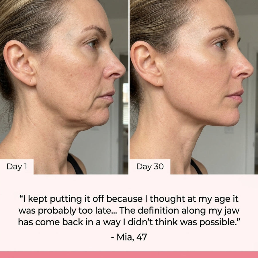 Before and after Day 1 to Day 30 – Mia, 47, jawline definition