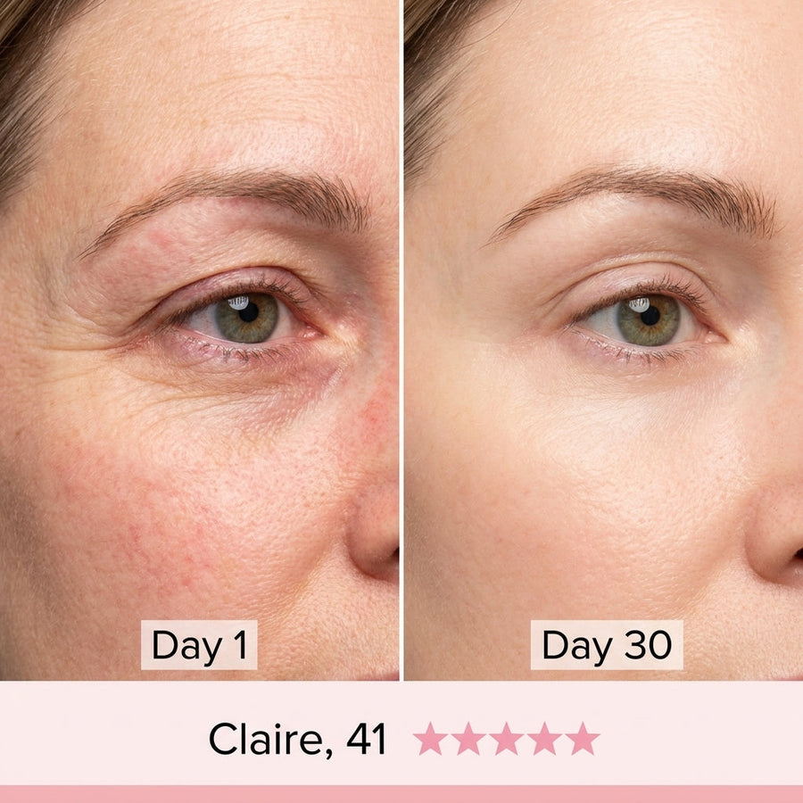 Before and after Day 1 to Day 30 – Claire, 41, eye area close-up